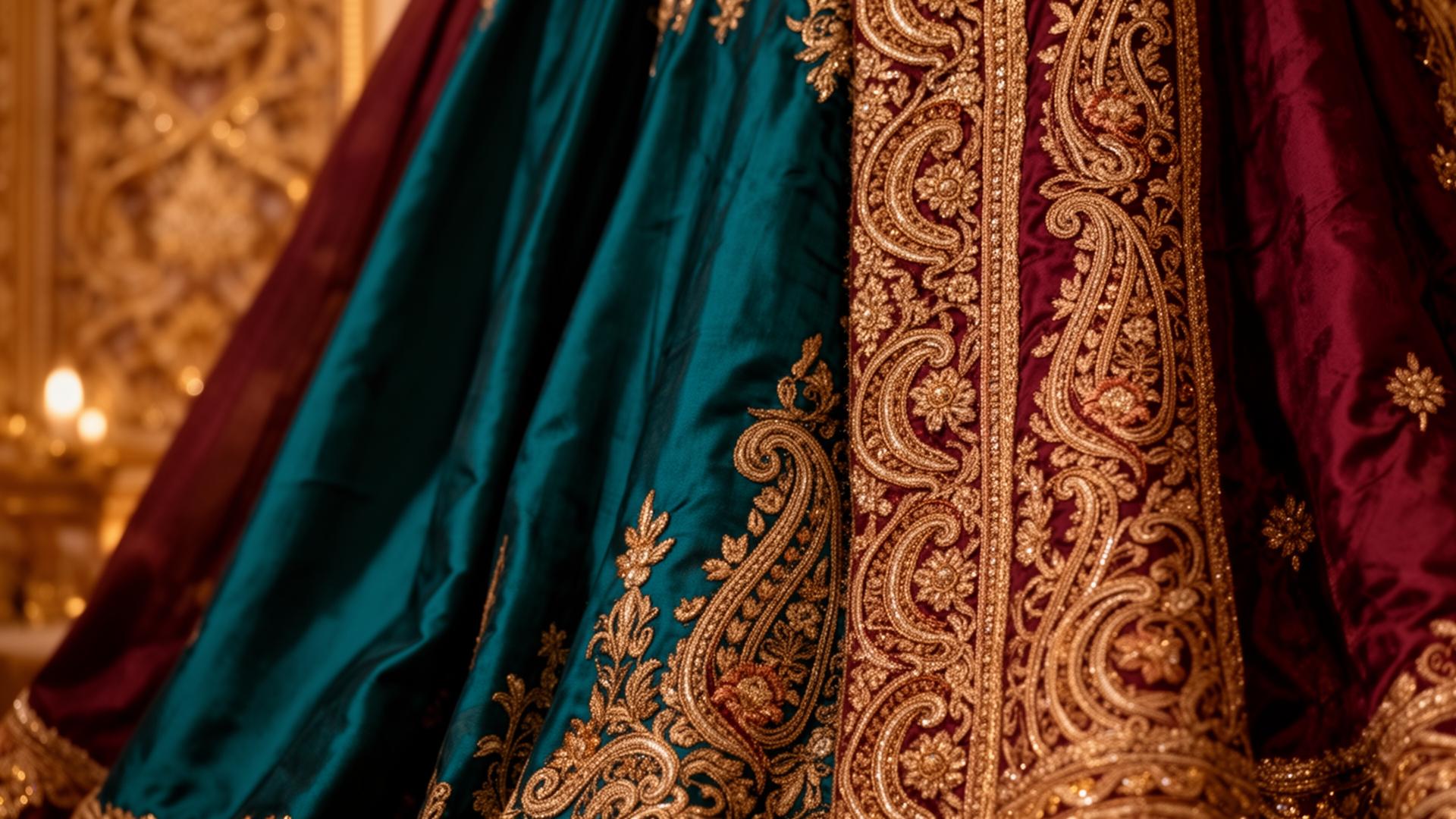 Rich Indian silk and brocade fabrics in burgundy, teal and gold